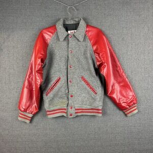 Vintage Fab-Knit Jacket Mens Medium Gray Red Wool Leather Varsity Bomber 80s USA